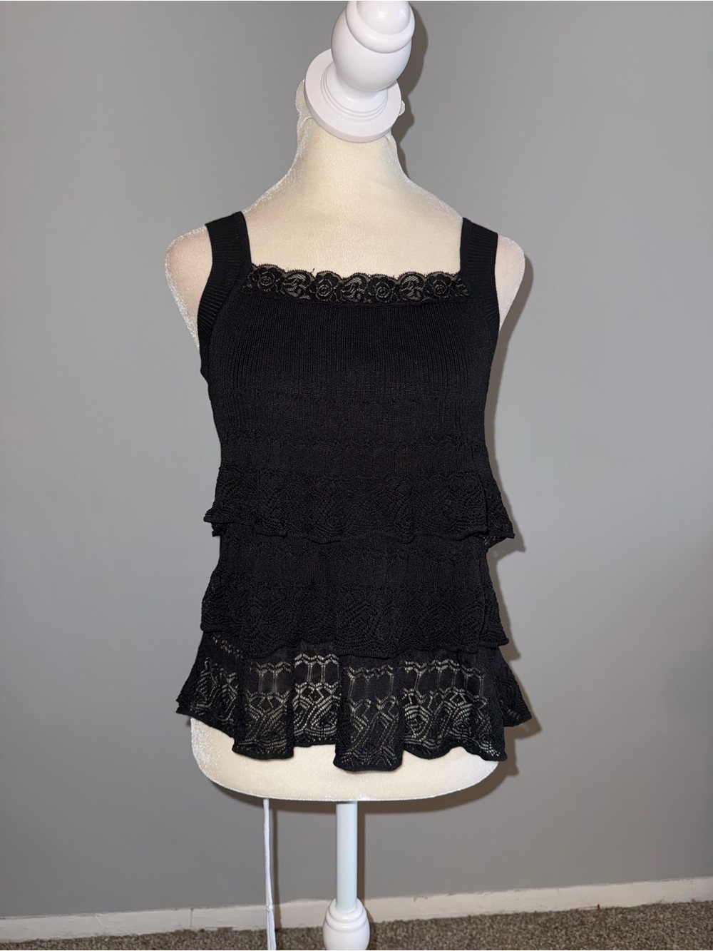 Black Tiered Lace Knit Tank Top